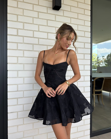 Cute A Line Spaghetti Strap Printed Floral Black Tulle Short Homecoming Dress Outfits HZ1023